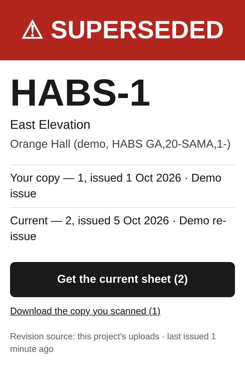 Scan result: SUPERSEDED. Sheet HABS-1, your copy revision 1, current revision 2, with a button to get the current sheet.